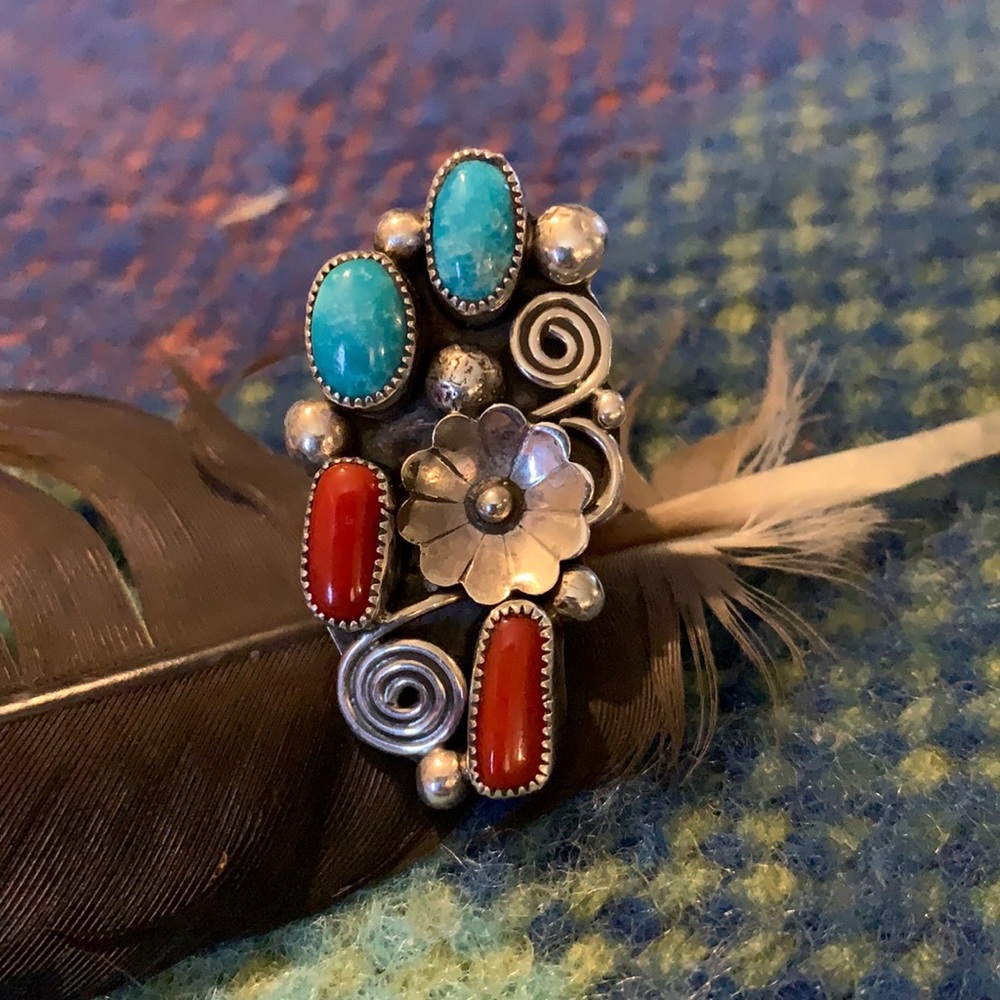 925 Turquoise and Coral Native American Ring